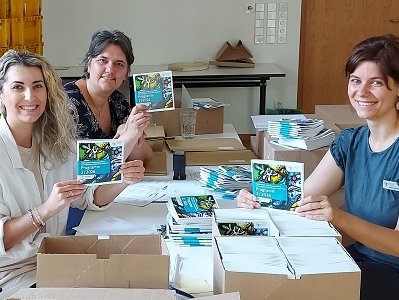 Katharina Rommel, Maxie Kordes und Sylvia Henselmeier von der Ev. Erwachsenenbildung im Kirchenkreis Gütersloh bereiten den Versand der Programmehefte für das zweite Halbjahr 2026 vor. Foto: Kirchenkreis Gütersloh/Frauke Brauns
